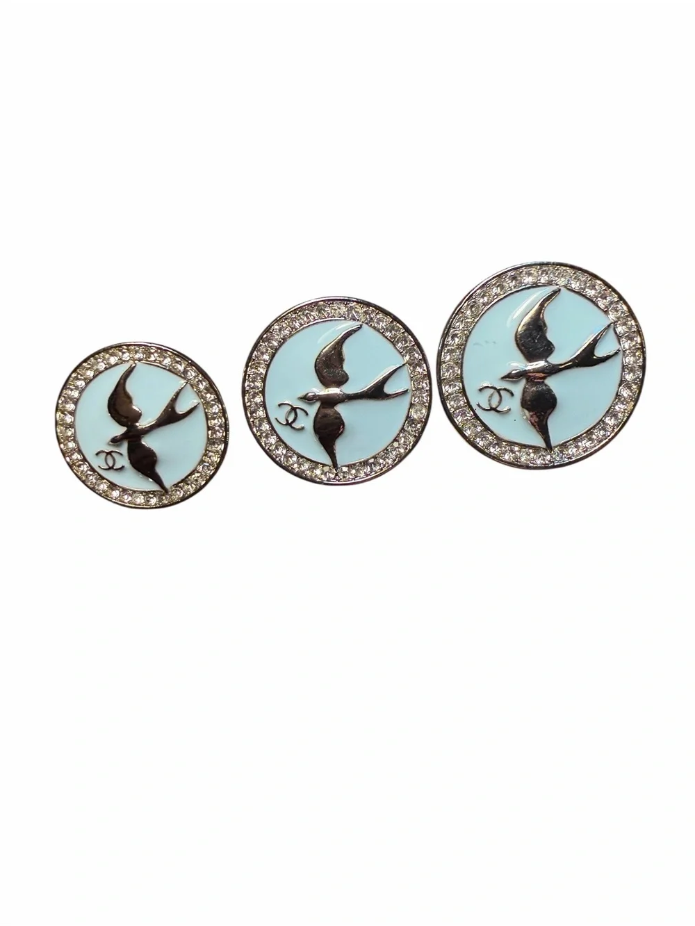 CHANEL Light Blue Enamel Bird CC Crystal-Trim Button Set
